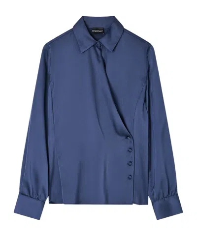 Emporio Armani Wrap Front Collared Shirt With Buttoned Cuffs In Blue