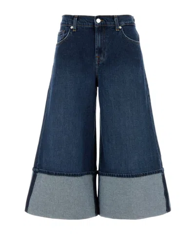 7 For All Mankind Wide-leg Jeans With Belt Loops And Contrast Hem In Blue