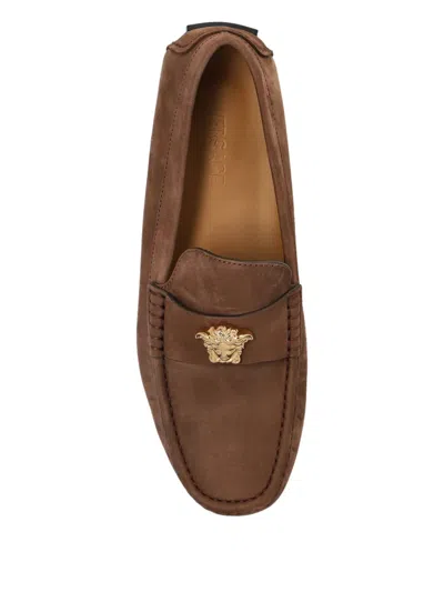 Versace Medusa Leather Loafers In Brown
