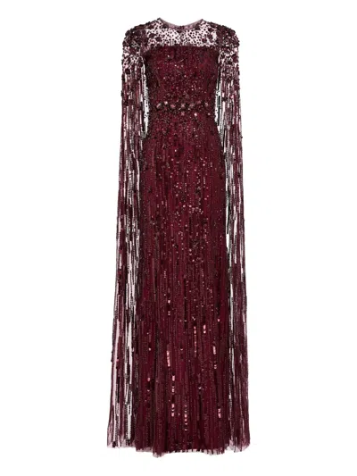 Jenny Packham Ruby Sequin-embellished Cape Maxi Dress In Burgundy