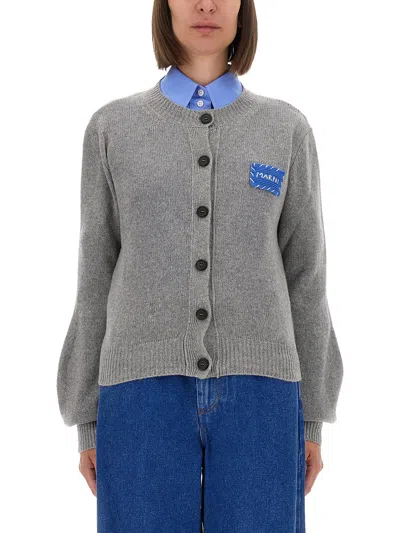 Marni Cashmere Cardigan With Logo In Gray