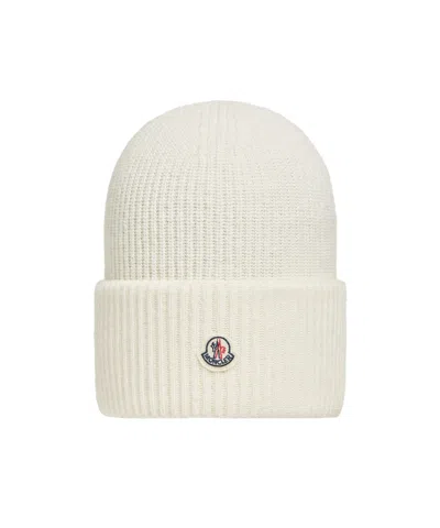 Moncler Ribbed Knit Wool Beanie With Felt Logo Patch In Neutral | ModeSens