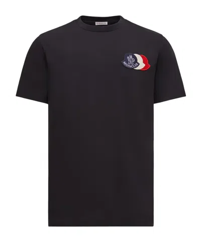 Moncler Blue T-shirt With Embroidered Tricolor Logo In Black