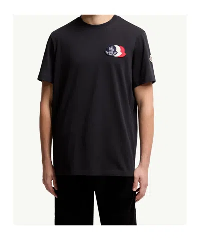 Moncler Blue T-shirt With Embroidered Tricolor Logo In Black