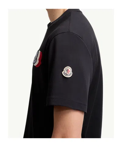 Moncler Blue T-shirt With Embroidered Tricolor Logo In Black
