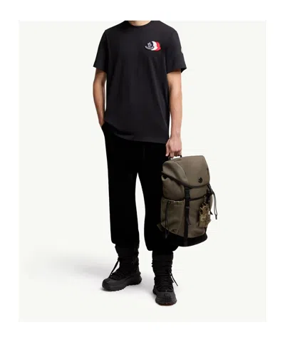 Moncler Blue T-shirt With Embroidered Tricolor Logo In Black