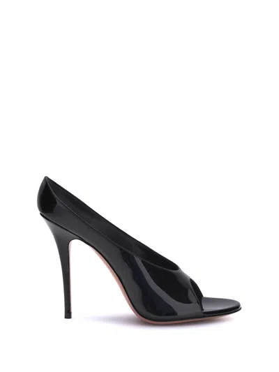 Amina Muaddi Black Calf Leather Bos Taurus Stiletto Heel Sandals In Black