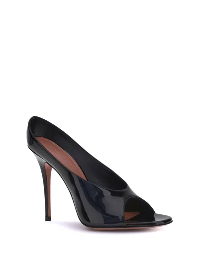 Amina Muaddi Black Calf Leather Bos Taurus Stiletto Heel Sandals In Black