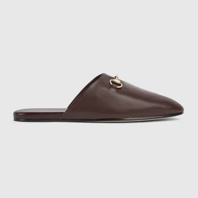 Gucci Dark Brown Nappa Leather Slippers In Brown