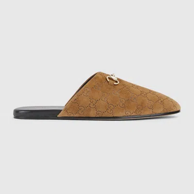 Gucci Men Brown Mule With Horsebit On The Front And All-over Gg Motif In Suede Man In Brown
