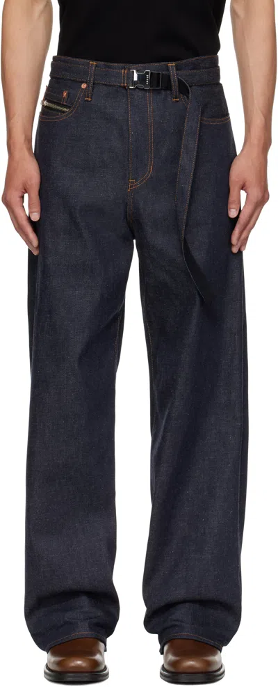 Sacai Navy Belted Jeans In Blue