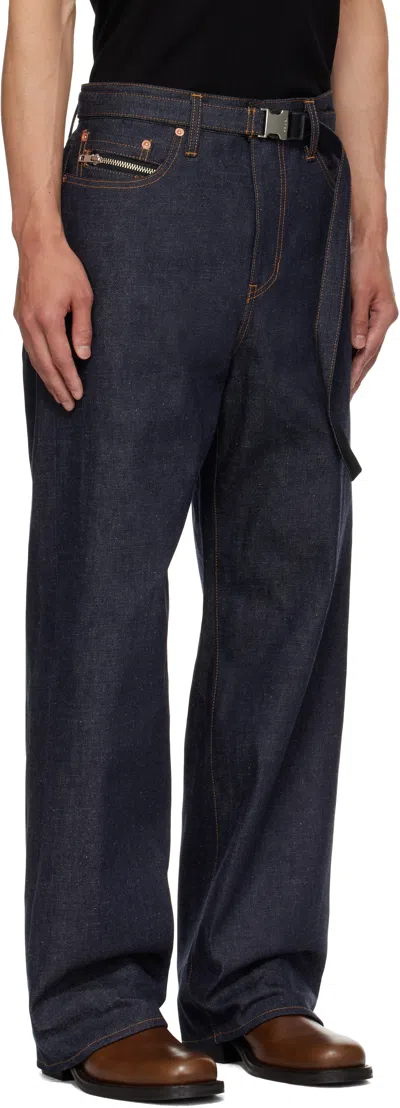 Sacai Navy Belted Jeans In Blue
