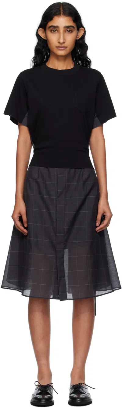 Sacai Womens Black Grey Glen Check-panelled Cotton-jersey Midi Dress In Black