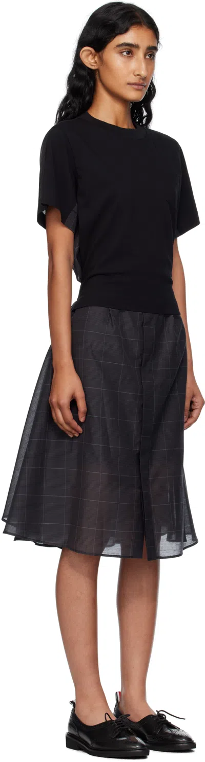 Sacai Womens Black Grey Glen Check-panelled Cotton-jersey Midi Dress In Black