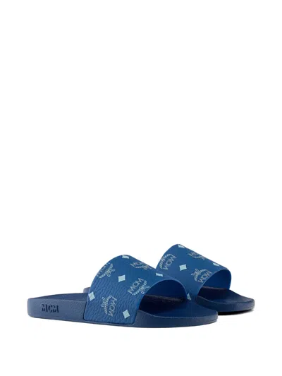 Mcm Monogram-print Slides In Blue