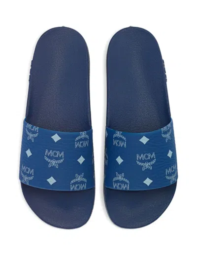 Mcm Monogram-print Slides In Blue