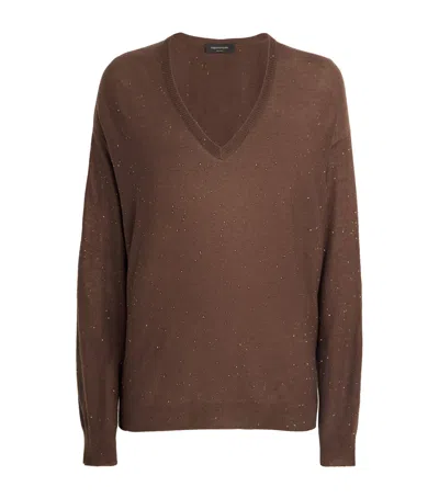 Fabiana Filippi Wool Silk Cashmere Blend V Neck Sweater In Brown
