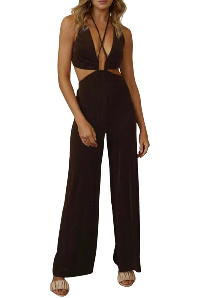 Endless Blu. Open-back Cutout Jersey Jumpsuit In Dark Chocolate In Brown