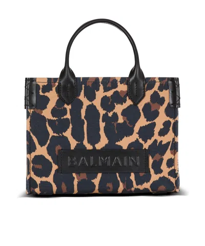 Balmain B-army Small Shopper Shoulder Bag In Leopard-print Canvas In Multi