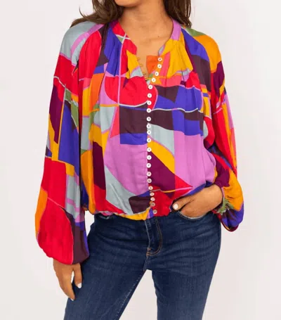 Karlie Mosaic Button Up Vneck Top In Multicolor In Multi