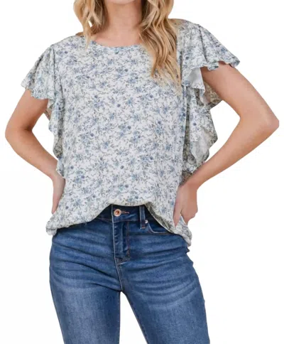 Bombom Floral Ruffle Sleeve Top In Blue/white In Gray