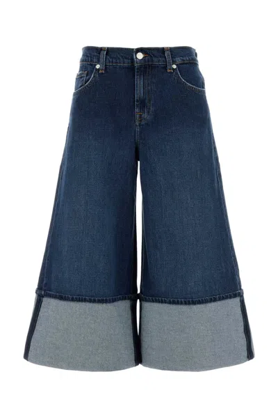 7 For All Mankind Wide-leg Jeans With Belt Loops And Contrast Hem In Blue