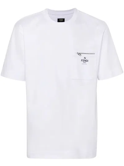Fendi Men White Crewneck T-shirt With Log Print On The Front In Cotton Man