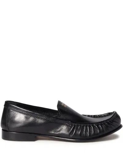Miu Miu Ruched Leather Mocassin Loafers In Black