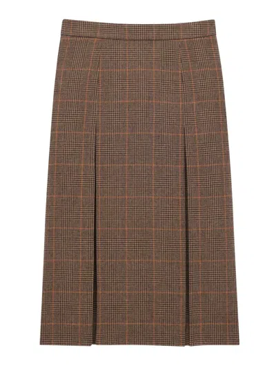 Saint Laurent Grey Midi Skirt With Side Concealed Zip Closure And All-over Check Motif In Wool And Cashmere Woman In Brown