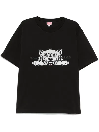 Kenzo Graphic Print Crew Neck Cotton T-shirt In Black