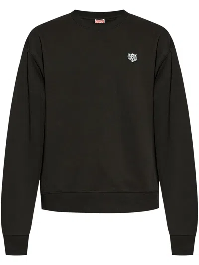 Kenzo Wild Tiger Crew Neck Sweatshirt Ribbed Cuffs Hem In Black