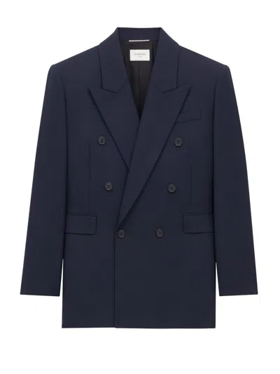 Saint Laurent Wool Tuxedo Jacket In Blue