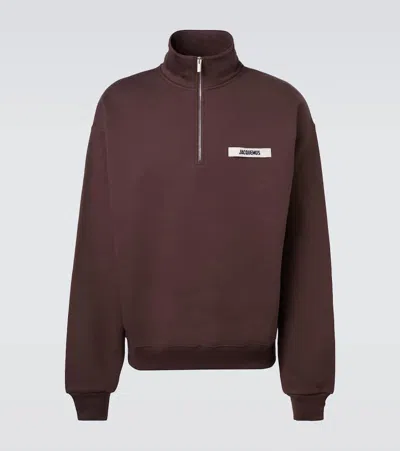 Jacquemus Grosgrain Sweatshirt With Turtleneck And Half-zip Closure In Brown