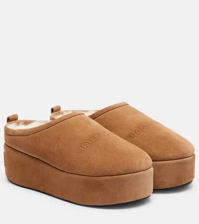 Balenciaga Women Alaska Soft Suede Mule With Plateau In Brown