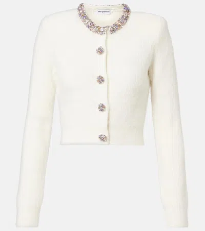 Self-portrait Whirw Cropped Crewneck Cardigan With Crystal Embellishments On Collar And Buttons In Wool Blend Woma In White