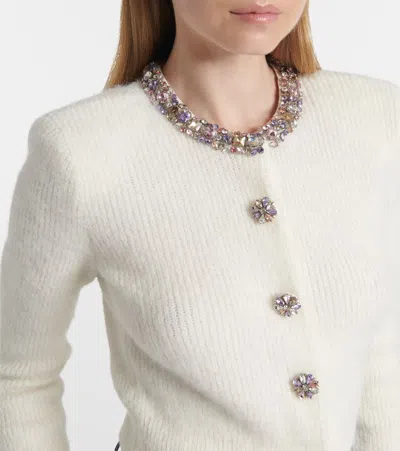 Self-portrait Whirw Cropped Crewneck Cardigan With Crystal Embellishments On Collar And Buttons In Wool Blend Woma In White