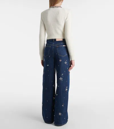 Self-portrait Whirw Cropped Crewneck Cardigan With Crystal Embellishments On Collar And Buttons In Wool Blend Woma In White