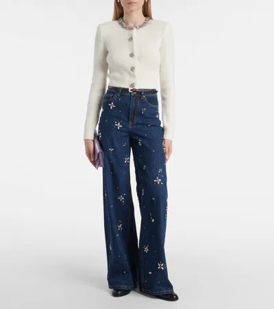 Self-portrait Whirw Cropped Crewneck Cardigan With Crystal Embellishments On Collar And Buttons In Wool Blend Woma In White