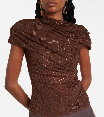 Self-portrait Gathered Cutout Crystal-embellished Mesh Top In Brown
