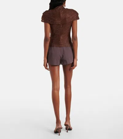 Self-portrait Gathered Cutout Crystal-embellished Mesh Top In Brown