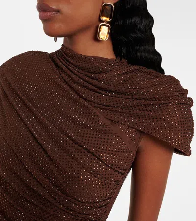 Self-portrait Gathered Cutout Crystal-embellished Mesh Top In Brown