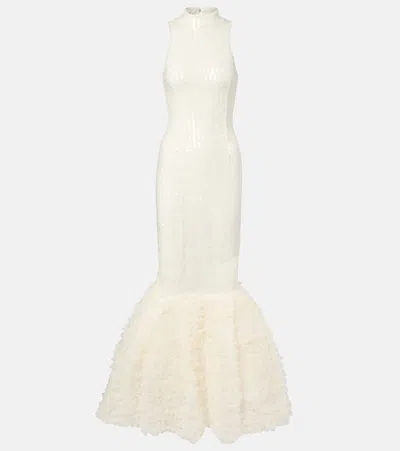 Rotate Birger Christensen Ruffled Sequined Halterneck Gown In White