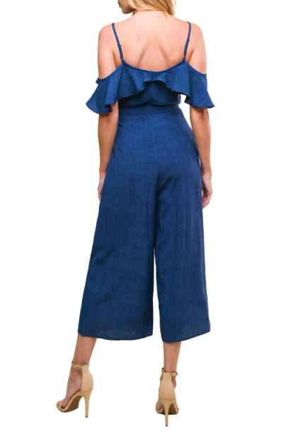 Flying Tomato Cold Shoulder Crop Wide Leg Jumpsuit In Blue