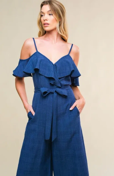 Flying Tomato Cold Shoulder Crop Wide Leg Jumpsuit In Blue