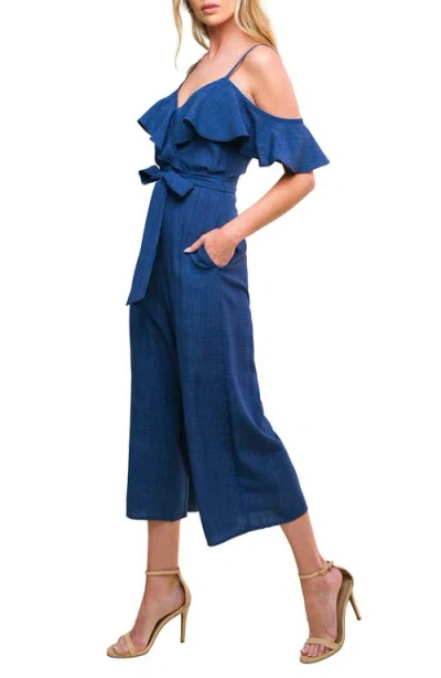 Flying Tomato Cold Shoulder Crop Wide Leg Jumpsuit In Blue