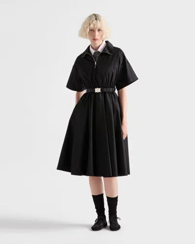 Prada Nylon Dress With Belted Waist And Flared Skirt In Blue