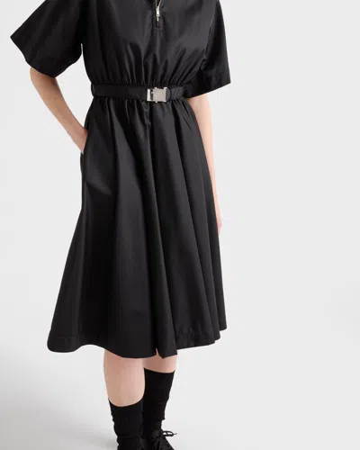 Prada Nylon Dress With Belted Waist And Flared Skirt In Blue