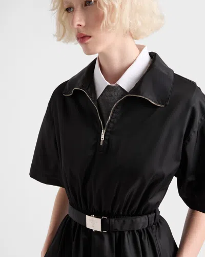 Prada Nylon Dress With Belted Waist And Flared Skirt In Blue