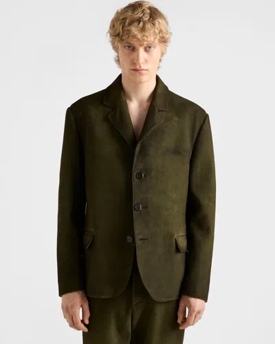 Prada Men's Single-breasted Suede Jacket In Green