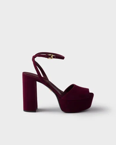 Prada Block Heel Open Toe Sandals With Suede Finish In Burgundy